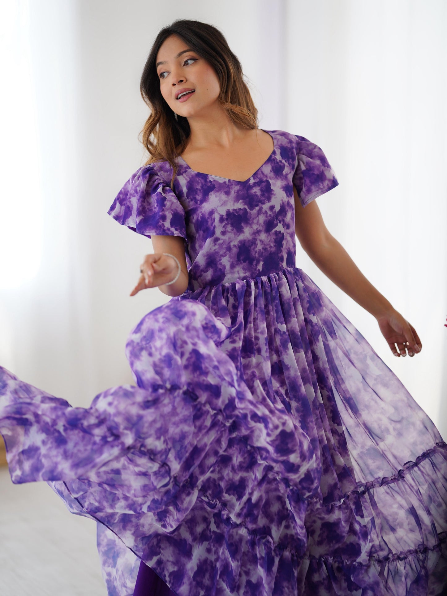 Purple Printed with Double Frill Western Dress