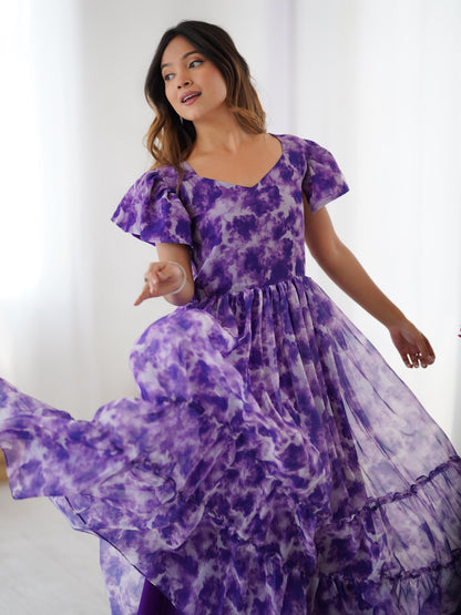 Purple Printed with Double Frill Western Dress