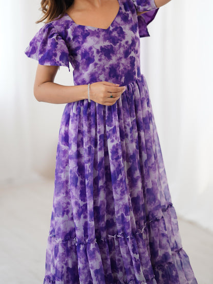 Purple Printed with Double Frill Western Dress
