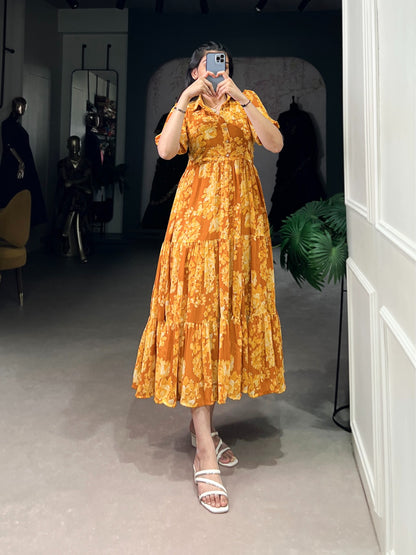 Yellow & Orange Georgette Printed Summer Frock