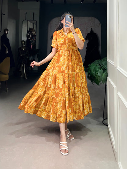 Yellow & Orange Georgette Printed Summer Frock