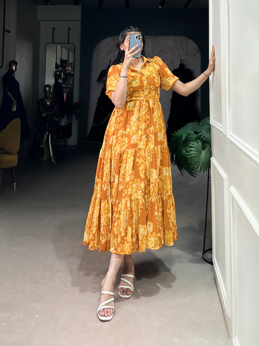 Yellow & Orange Georgette Printed Summer Frock
