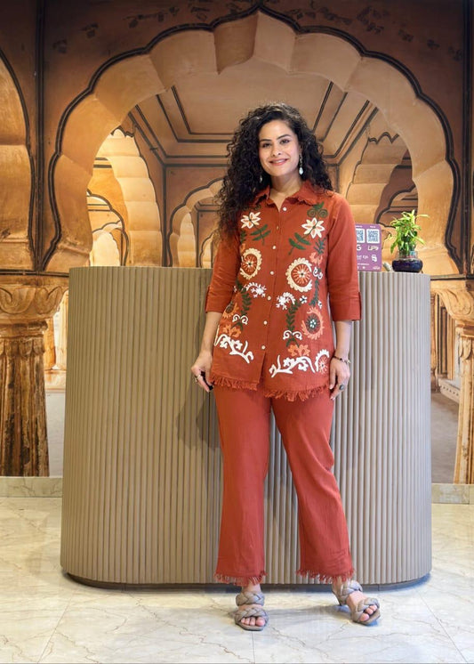 Brown Pure Cotton Flax Western Cord Set