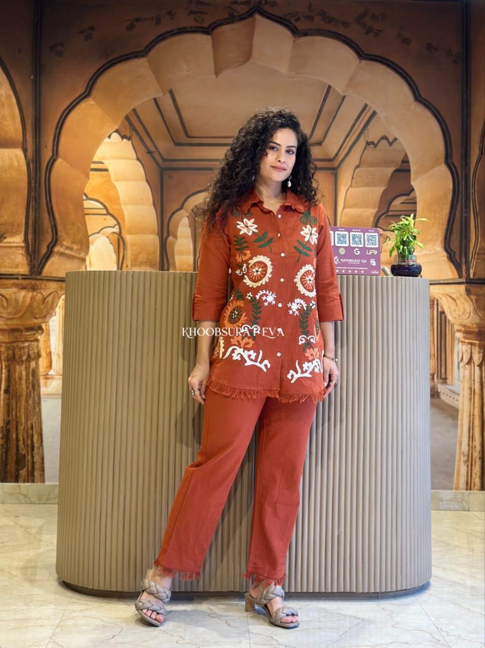 Brown Pure Cotton Flax Western Cord Set