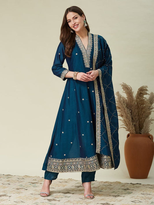 Teal Blue Tendy Anarkali Designer Kurti Pent