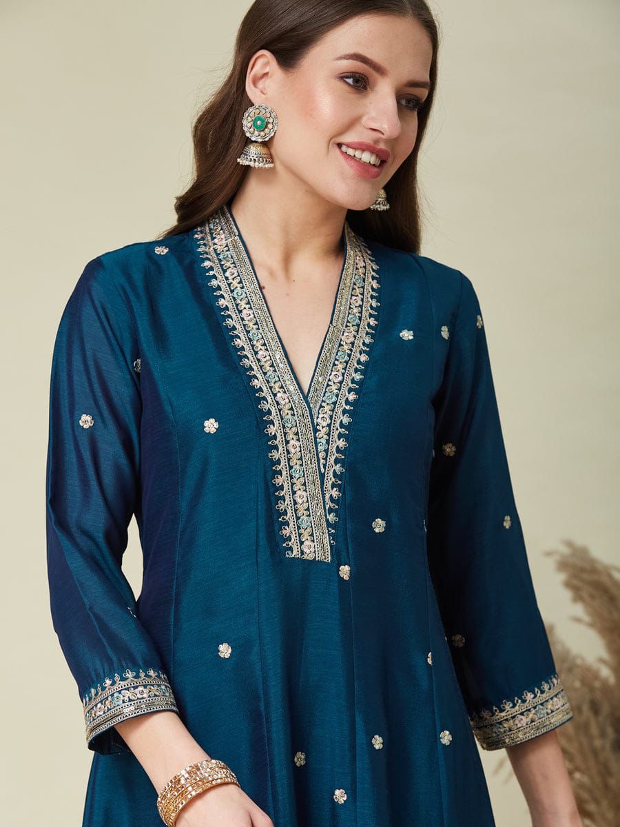Teal Blue Tendy Anarkali Designer Kurti Pent