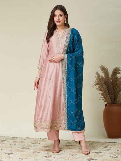 Pink Embroidered Silk Blend Straight Kurti