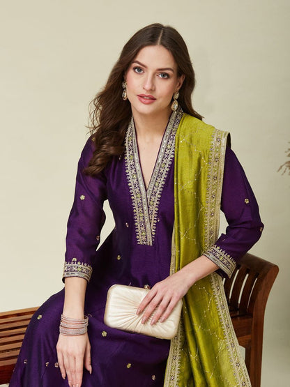 Purple Vichitra Silk Embroidered Kurti Pent