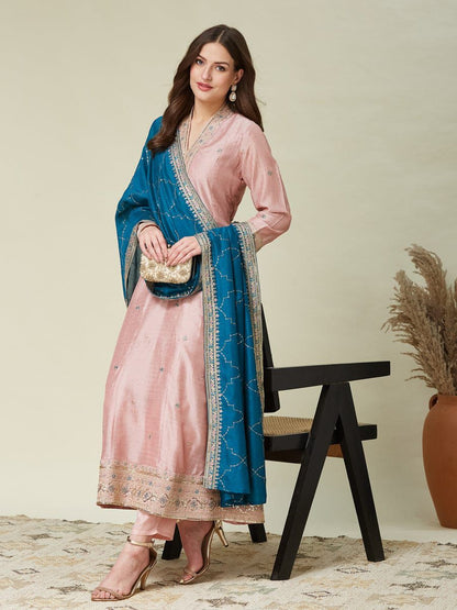 Pink Embroidered Silk Blend Straight Kurti