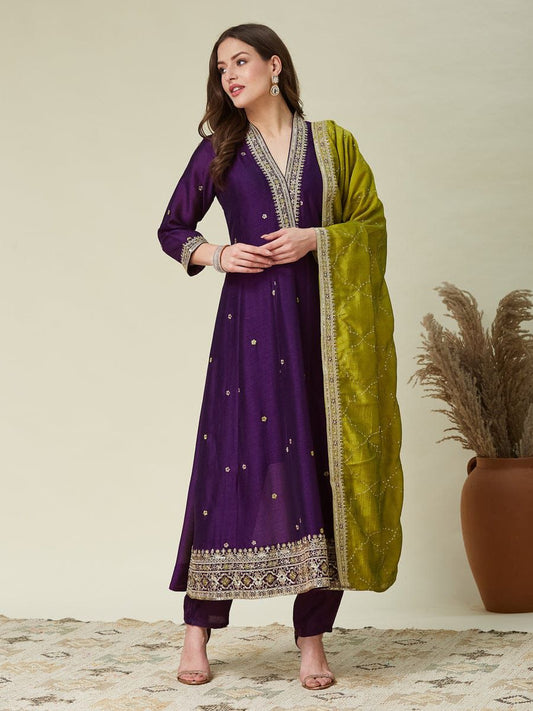 Purple Vichitra Silk Embroidered Kurti Pent