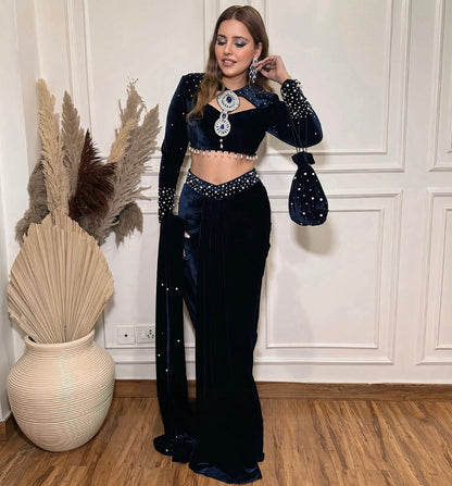 Nevy Blue Premium Velvet Indo Western Saree