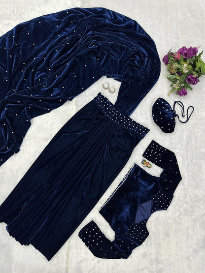 Nevy Blue Premium Velvet Indo Western Saree