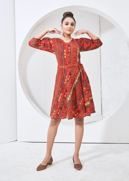 Red Capsul Cotton Printed Western Dress