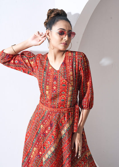 Red Capsul Cotton Printed Western Dress