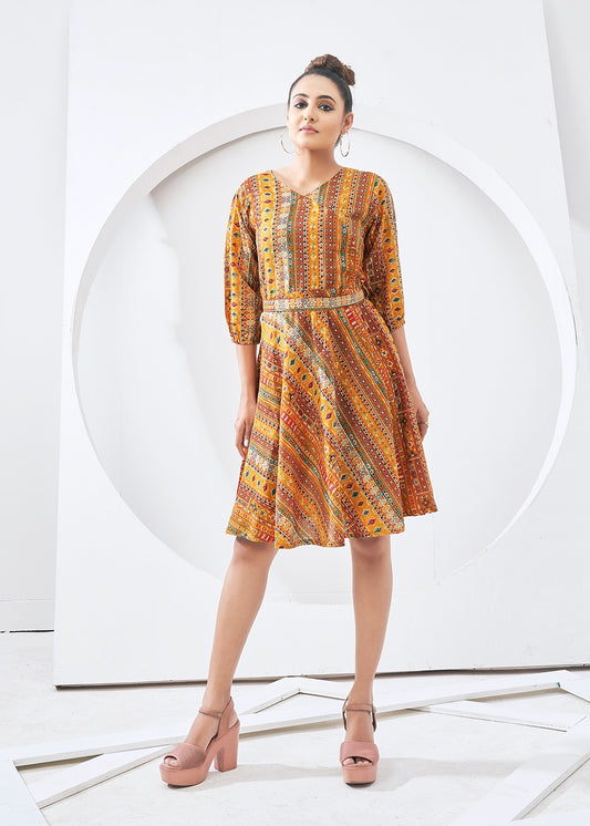 Orange Rayaon Digital Printed Short Dress