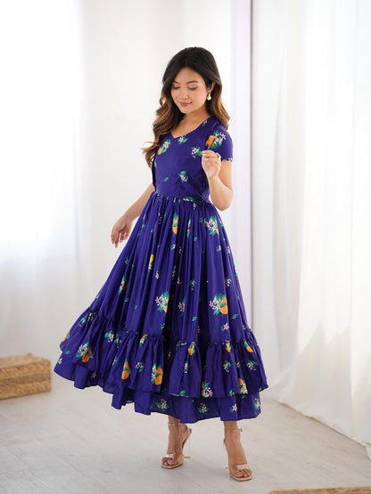 Nevy Blue Muslim Silk Stitched Westen Gown