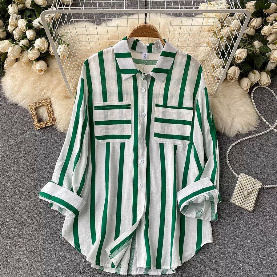 Green & White Striped Button-Down Shirt