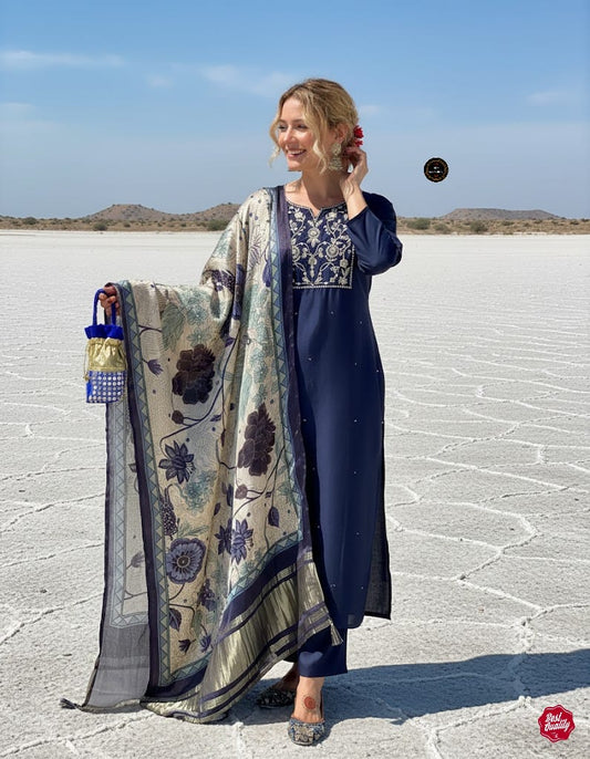 Nevy Blue Embroidered Straight Kurta with Pants