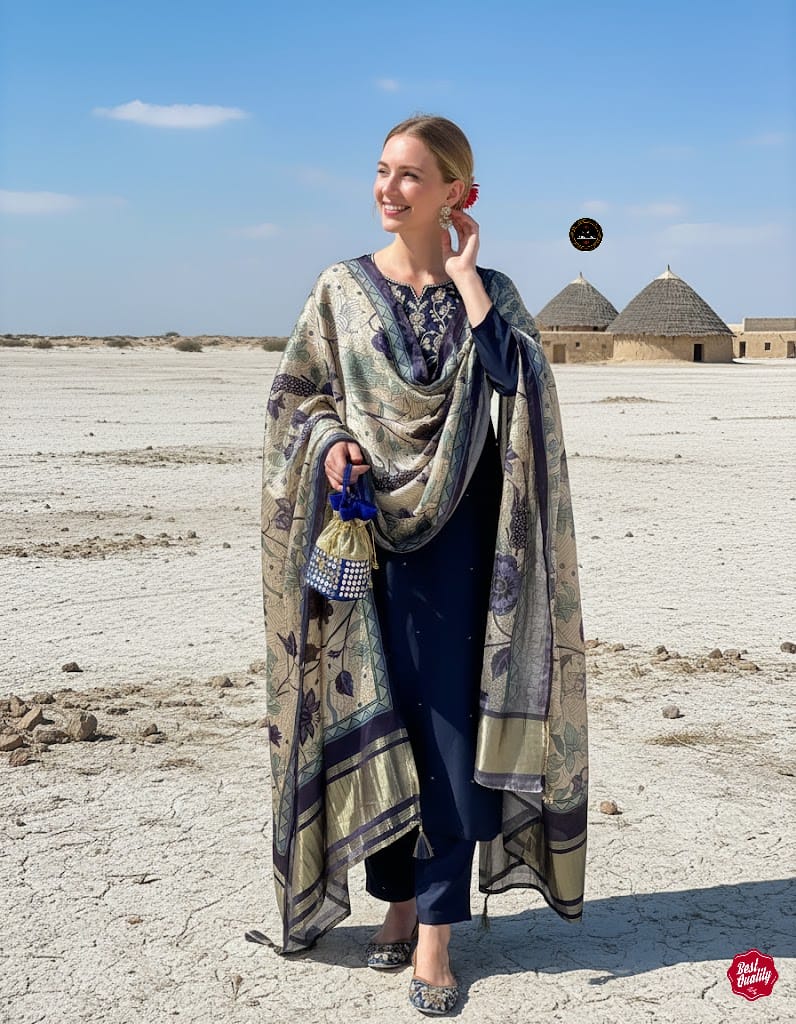 Nevy Blue Embroidered Straight Kurta with Pants