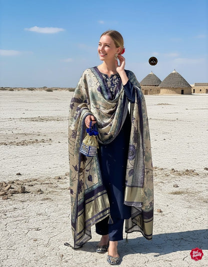 Nevy Blue Embroidered Straight Kurta with Pants