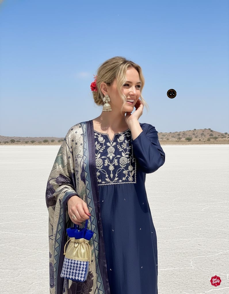 Nevy Blue Embroidered Straight Kurta with Pants