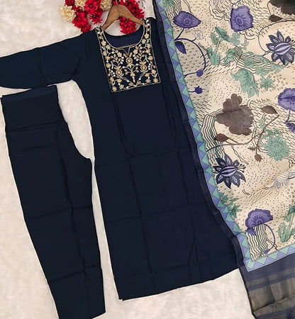 Nevy Blue Embroidered Straight Kurta with Pants