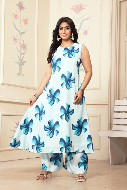 Sky Blue Floral Printed A-Line Kurta With Trousers