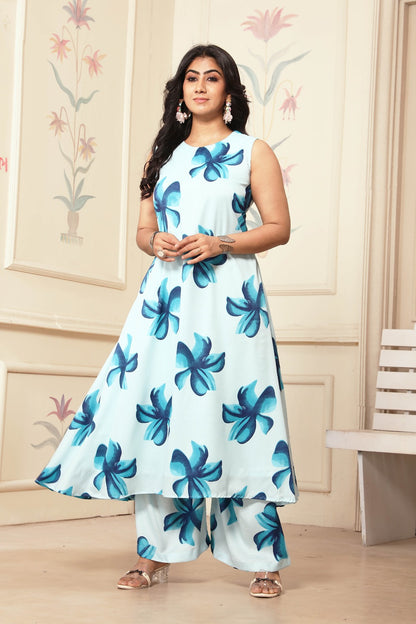 Sky Blue Floral Printed A-Line Kurta With Trousers