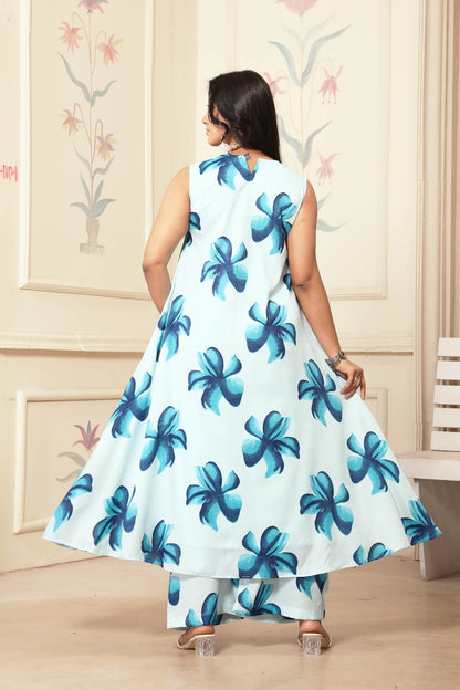 Sky Blue Floral Printed A-Line Kurta With Trousers