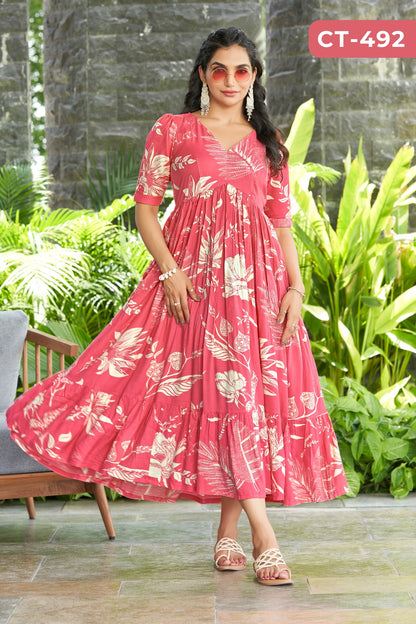 Pink Floral Print Anarkali Western Gown