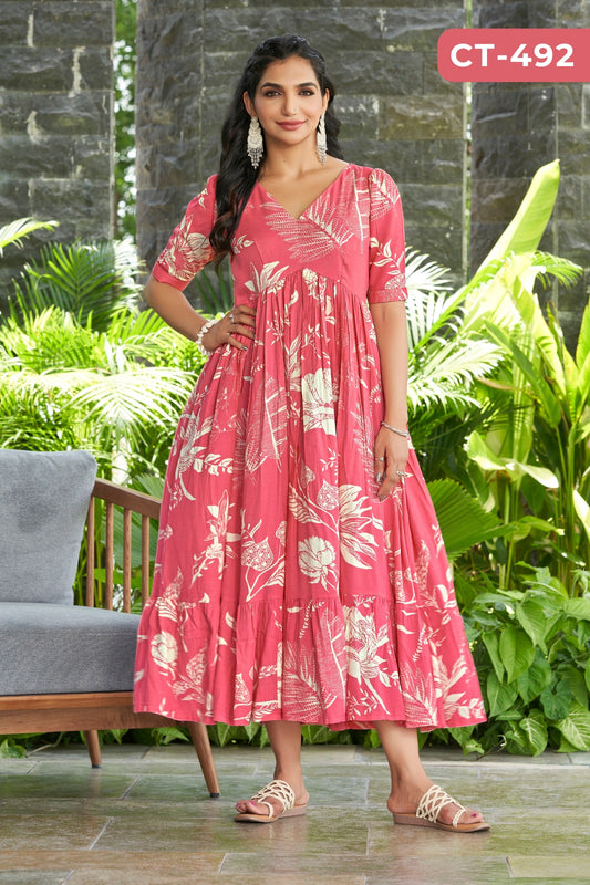 Pink Floral Print Anarkali Western Gown