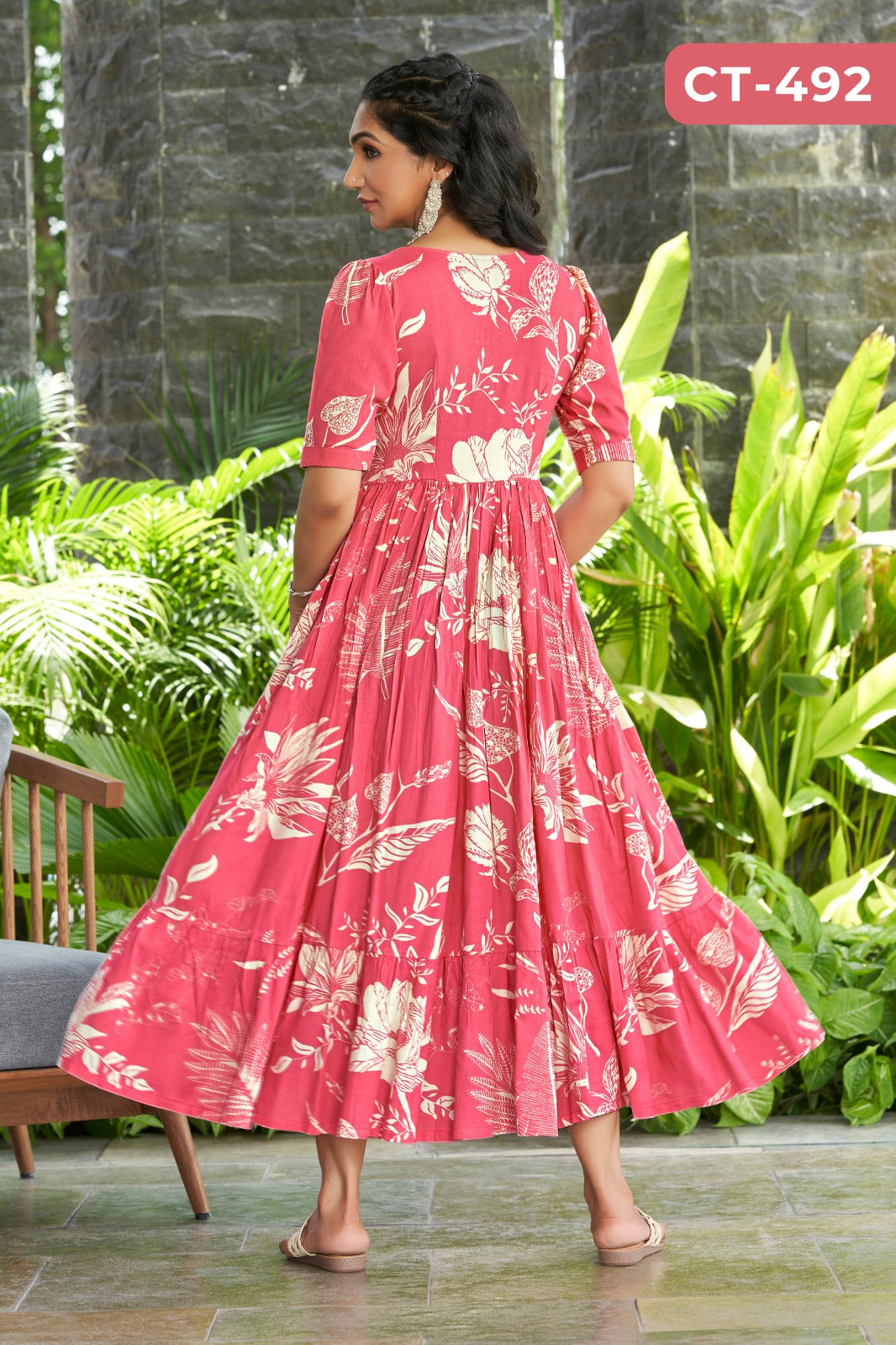 Pink Floral Print Anarkali Western Gown