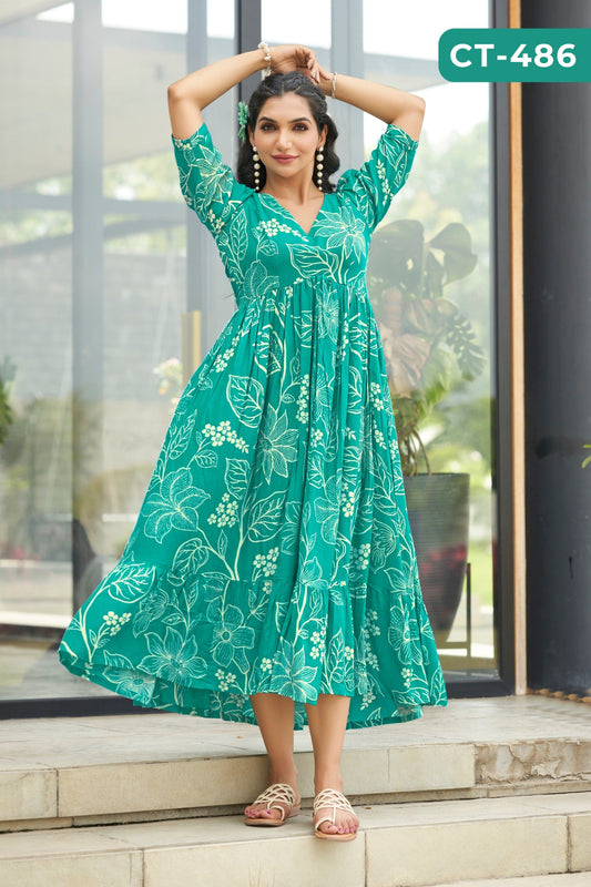 Blue Floral Print  Party Wear Gown