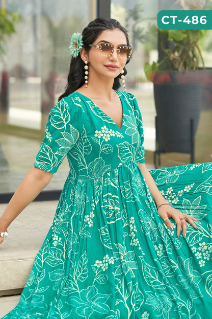 Blue Floral Print  Party Wear Gown