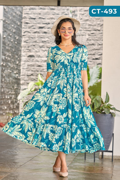 Blue Floral Printed Short Sleeve Maxi Dress