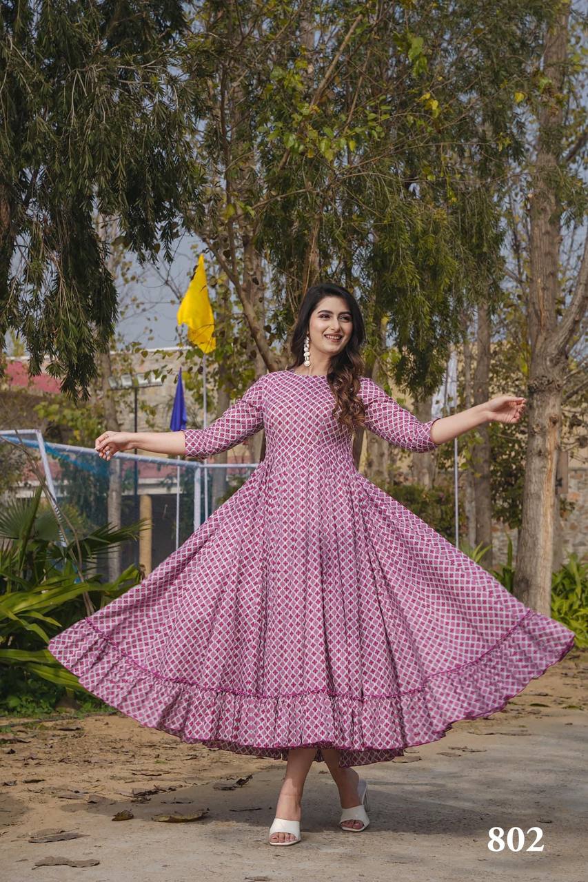 Pink Printed Cotton Anarkali Midi Dress