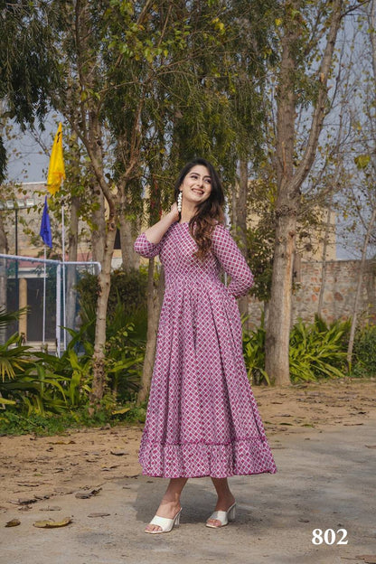 Pink Printed Cotton Anarkali Midi Dress