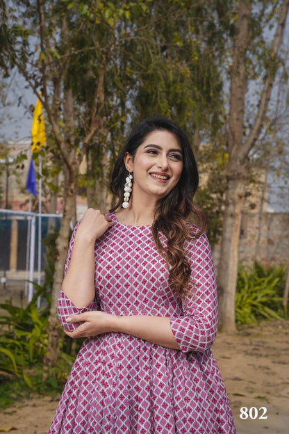 Pink Printed Cotton Anarkali Midi Dress