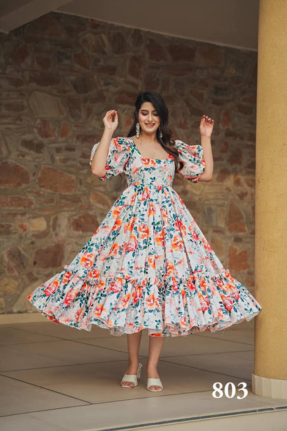 White Printed Rayon Western Gown Stitched