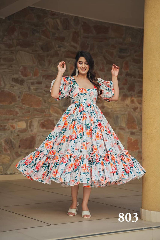 White Printed Rayon Western Gown Stitched