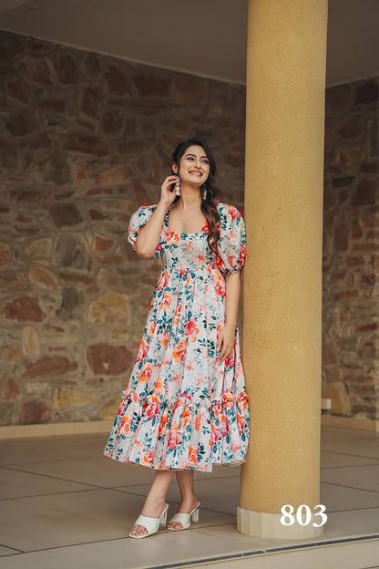 White Printed Rayon Western Gown Stitched