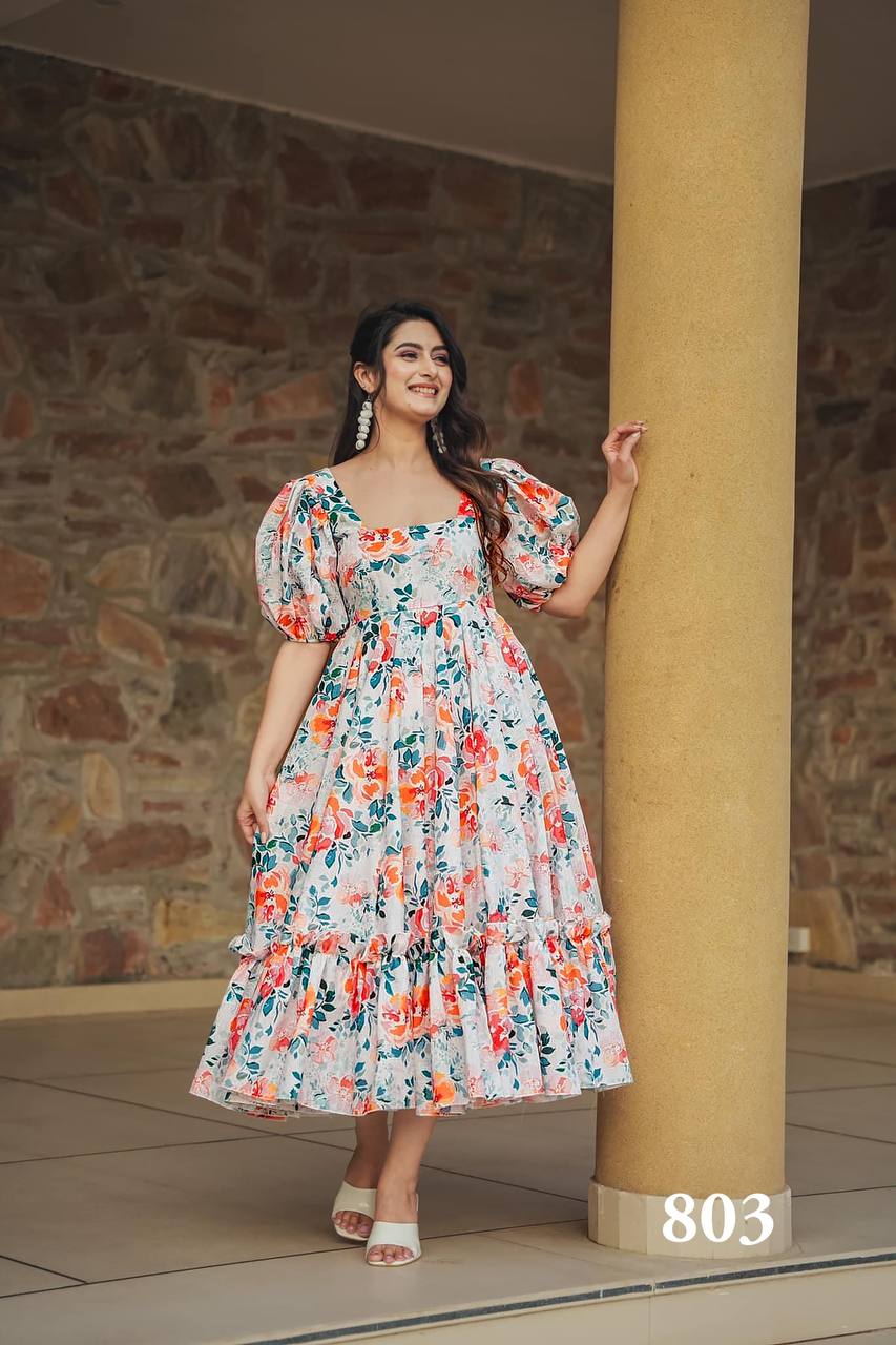 White Printed Rayon Western Gown Stitched