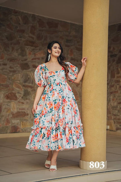 White Printed Rayon Western Gown Stitched