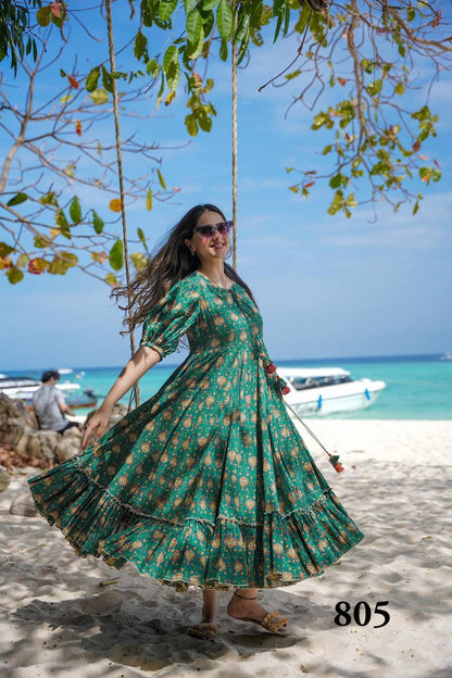 Green Digital Printed Readymade Western Gown