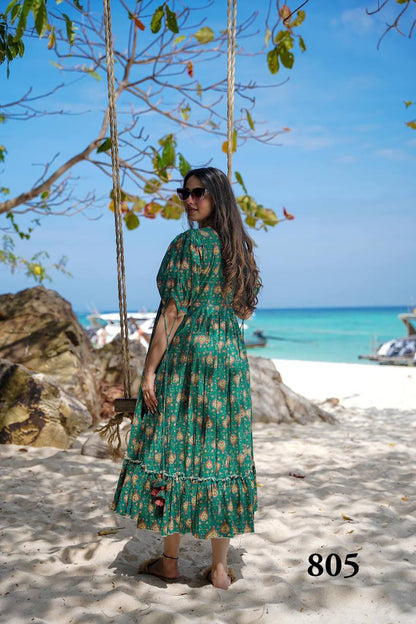 Green Digital Printed Readymade Western Gown