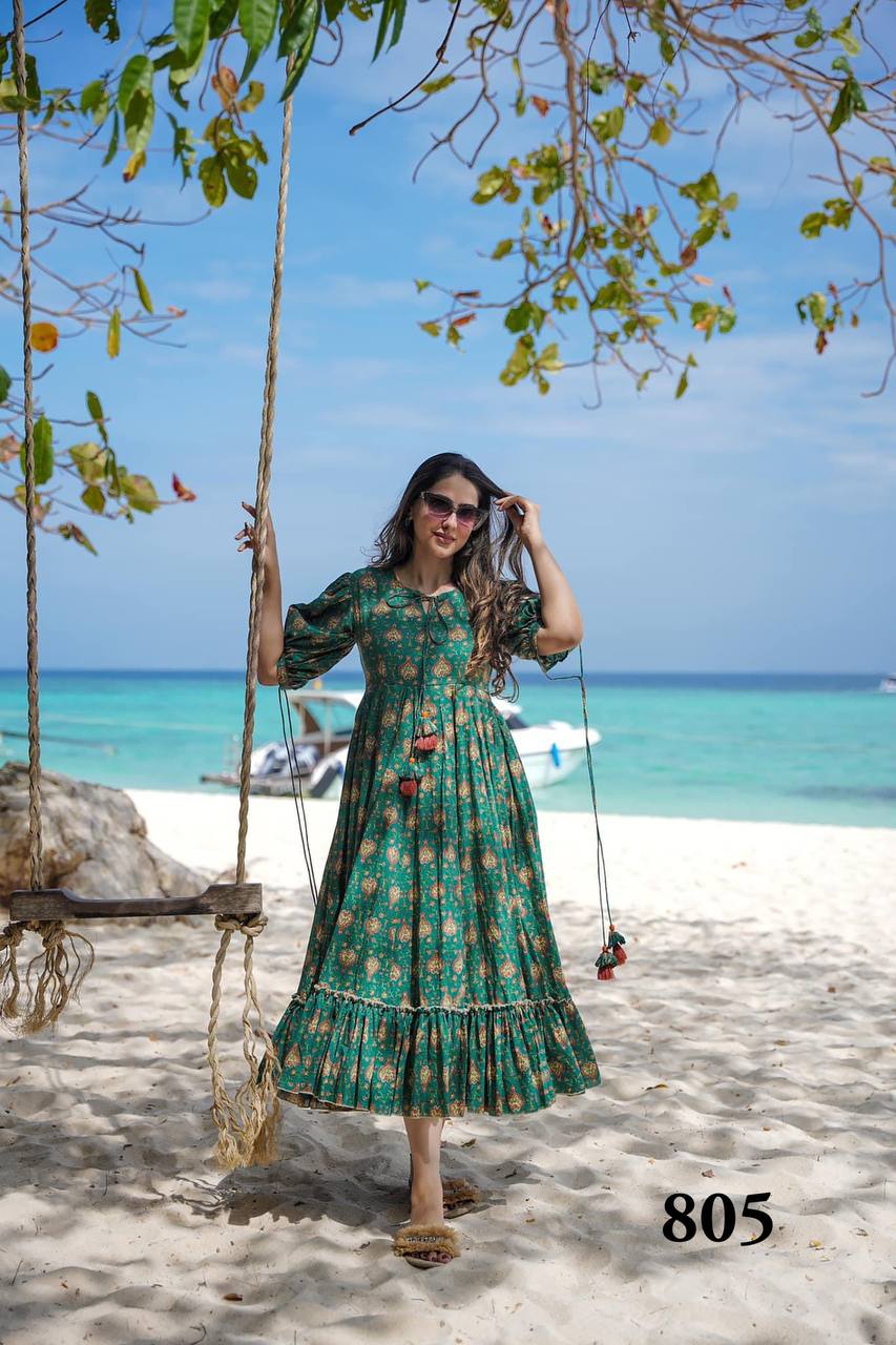 Green Digital Printed Readymade Western Gown