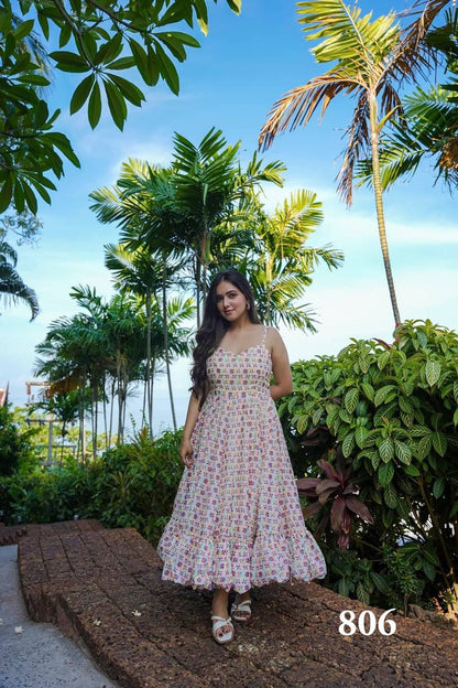 Cream Multicolor Printed Cotton Sleeveless Midi Dress