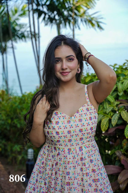 Cream Multicolor Printed Cotton Sleeveless Midi Dress