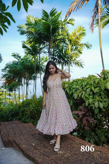 Cream Multicolor Printed Cotton Sleeveless Midi Dress