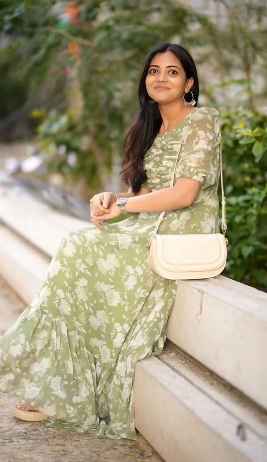 Green Fax Georgette Stunning Look Dress